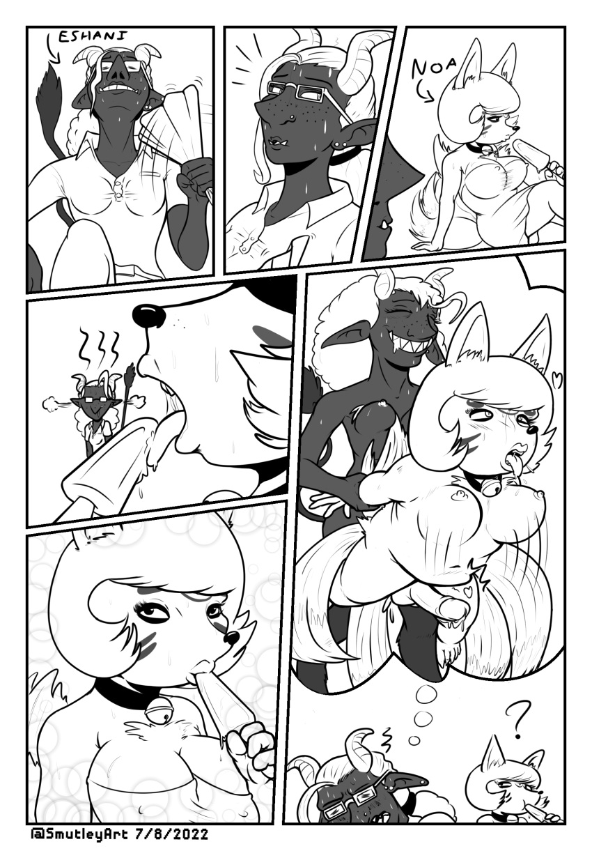 absurd_res anthro areola balls bedroom_eyes bell bell_collar big_breasts big_nose big_penis black_and_white bodily_fluids breasts canid canine collar comic dark-skinned_futanari daydream demon duo erection fanning fanning_self female food fox freckles from_behind_position fucked_silly genitals grin hi_res humanoid humanoid_genitalia humanoid_penis intersex intersex/intersex intersex_penetrating licking_popsicle lifted mammal monochrome narrowed_eyes nipples nipples_visible_through_clothing nude penetration penis popsicle seductive sex short_stack smile smutleyart sweat tail