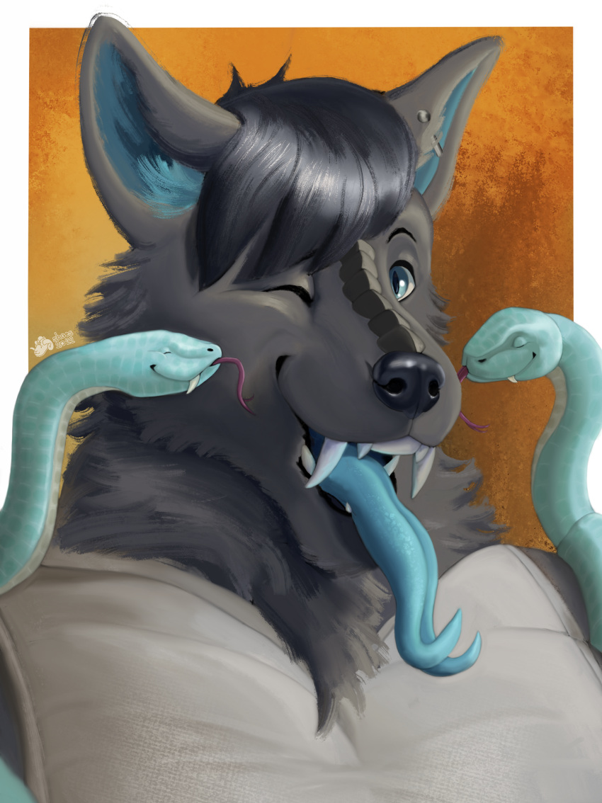 absurd_res canid canine canis ear_piercing forked_tongue gary_sharp hi_res kissing_cheek long_tongue mammal painting_(artwork) piercing portrait reptile scalie shoes_(artist) smile smiling_at_viewer snake tongue tongue_out traditional_media_(artwork) wolf