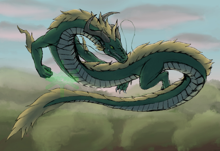 ambiguous_gender arm_tuft asian_mythology blonde_mane dragon east_asian_mythology eastern_dragon elbow_tuft feral frostwyrm102 fur green_body green_eyes green_scales mane mythology scales solo tail tail_tuft tuft whiskers white_body white_scales yellow_body yellow_fur