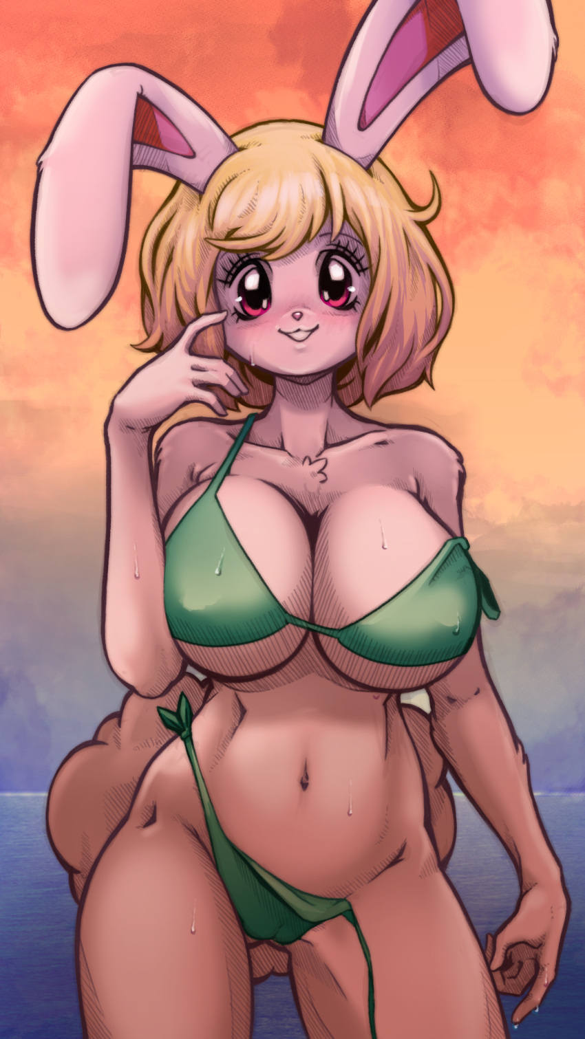 2023 9:16 absurd_res anthro arm_tuft big_breasts bikini bikini_bottom bikini_top biped blonde_hair blush bodily_fluids breasts camel_toe carrot_(one_piece) chest_tuft clothed clothing dialogue elbow_tuft english_text female fur green_bikini green_bikini_bottom green_bikini_top green_clothing green_swimwear hair hi_res lagomorph leporid looking_at_viewer mammal minkmen_(one_piece) navel off_shoulder one_piece pink_eyes pink_nose plagueofgripes rabbit shoulder_tuft side-tie_bikini simple_background solo speech_bubble standing sweat swimwear text tuft untied_bikini v-cut water white_background white_body white_fur