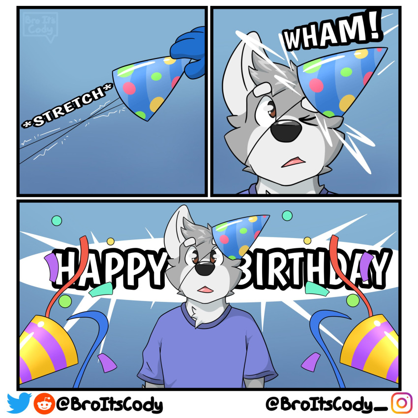 1:1 2023 3_panel_comic anthro birthday black_nose broitscody brown_eyes canid canine canis character_request clothing comic dialogue english_text fur grey_body grey_ears grey_fur grey_hair hair hat headgear headwear hi_res instagram_logo male mammal monotone_hair multicolored_body multicolored_fur neck_tuft one_eye_closed onomatopoeia open_mouth party_hat purple_clothing purple_shirt purple_t-shirt purple_topwear reddit_logo shirt shocked solo sound_effects speech_bubble streamer surprise t-shirt text topwear tuft twitter_logo two_tone_body two_tone_fur white_body white_fur wolf