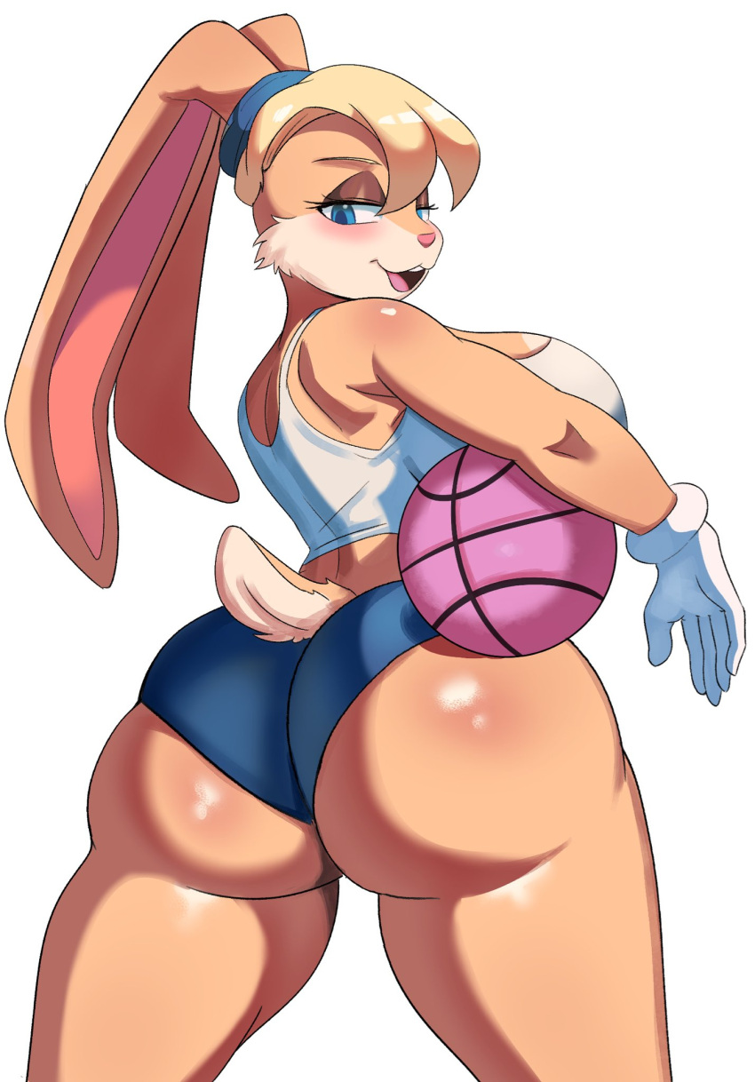 2023 anthro ball basketball_(ball) big_breasts big_butt blonde_hair blue_eyes blush breasts butt female hair hi_res huge_butt lagomorph leporid lola_bunny looking_at_viewer looking_back looking_back_at_viewer looney_tunes mammal rabbit simple_background solo warner_brothers white_background ytrall