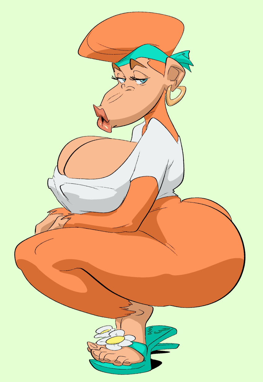 2021 absurd_res accessory anthro ape big_breasts big_butt blue_eyes bottomless bottomwear breasts butt candy_kong clothed clothing crouching donkey_kong_(series) ear_piercing ear_ring female footwear fur haplorhine headband hi_res huge_breasts huge_butt huge_hips kong lips mammal nintendo nipple_outline orange_body orange_fur piercing pink_lips primate ring_piercing sandals shorts slb small_waist solo thick_thighs topwear topwear_only undressing