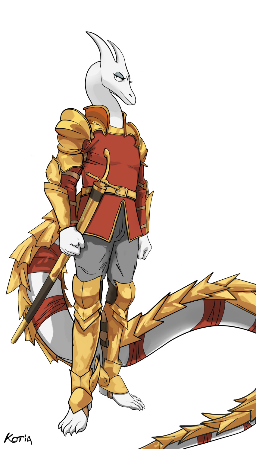 absurd_res anthro armor armored_tail barefoot claws clothed clothing digital_media_(artwork) dragon eyelashes eyeshadow feet hi_res horn kotia makeup male melee_weapon shoulder_guards simple_background skinny solo tail weapon white_body