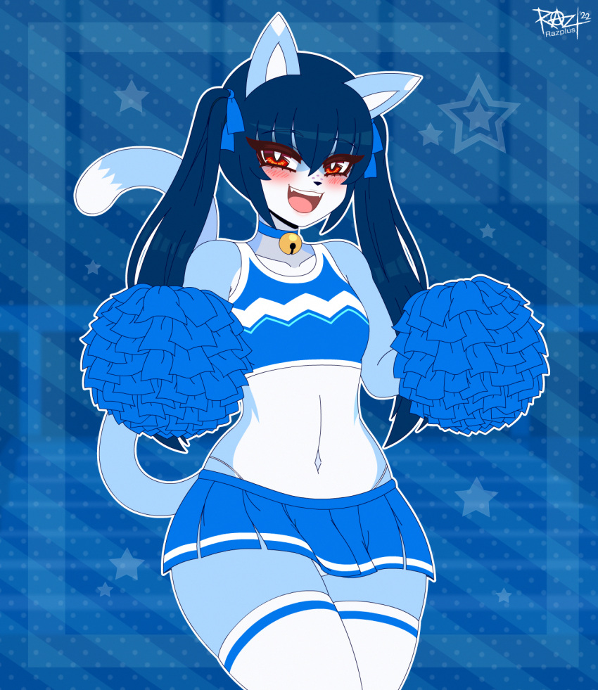 blizbel_blueberry blue_body blue_fur blue_hair blush bottomwear cheerleader clothing domestic_cat felid feline felis fur girly hair hi_res legwear mammal navel pigtails pom_poms razplus red_eyes skirt stockings tail