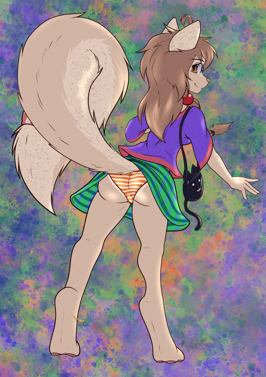 absurd_res anthro bottomwear brown_hair butt clothed clothing clothing_lift digitigrade eyewear fan_character female frilly frilly_clothing frilly_panties frilly_underwear glasses green_bottomwear green_clothing green_skirt hair hi_res liquidfay looking_back moriko_(liquidfay) orange_clothing orange_eyes orange_panties orange_underwear panties pattern_bottomwear pattern_clothing pattern_panties pattern_underwear philfox presenting presenting_hindquarters raised_tail skirt skirt_lift solo striped_bottomwear striped_clothing striped_panties striped_underwear stripes tail tail_under_skirt tail_upskirt tan_clothing tan_panties tan_underwear underwear upskirt