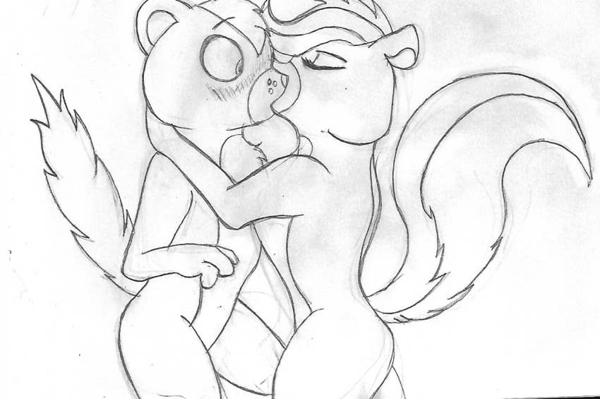 2017 anthro blush blush_lines duo embrace erect_tail eyes_closed female fur hair hasbro herpestid kiss_on_lips kissing littlest_pet_shop male male/female mammal marcushunter mephitid mongoose monochrome nude pepper_clark raised_tail skunk standing sunil_nevla surprise_kiss tail wide_eyed