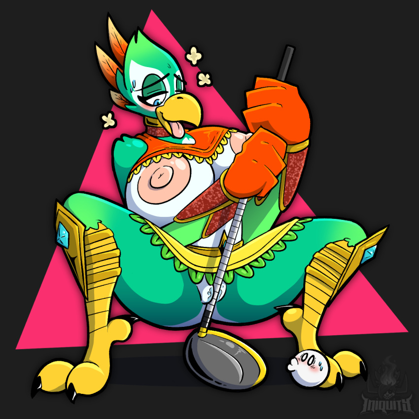 1:1 2023 anthro avian beak big_breasts bird bird_body_(nintendo_switch_sports) blush bodily_fluids bottomwear breasts clothed clothing clothing_lift crouching exposed_breasts feathers female full-length_portrait genital_fluids genitals golf golf_ball golf_club green_body grinding hi_res improvised_sex_toy iniquity jewelry looking_pleasured markings masturbation multicolored_body nintendo nintendo_switch_sports nipples pink_nipples portrait pussy pussy_juice raised_bottomwear raised_clothing raised_skirt skirt solo sweat talons thick_thighs tribal_clothing vaginal vaginal_masturbation watermark white_body yellow_beak