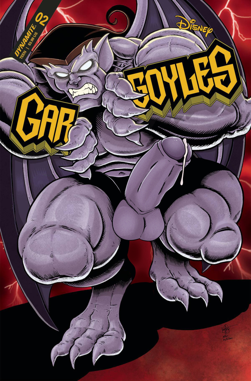 balls big_muscles claws clenched_teeth disney edit empty_eyes erection fangs gargoyle gargoyles genitals goliath_(gargoyles) hair hi_res long_hair male membrane_(anatomy) membranous_wings muscular othelo penis purple_body solo teeth wings