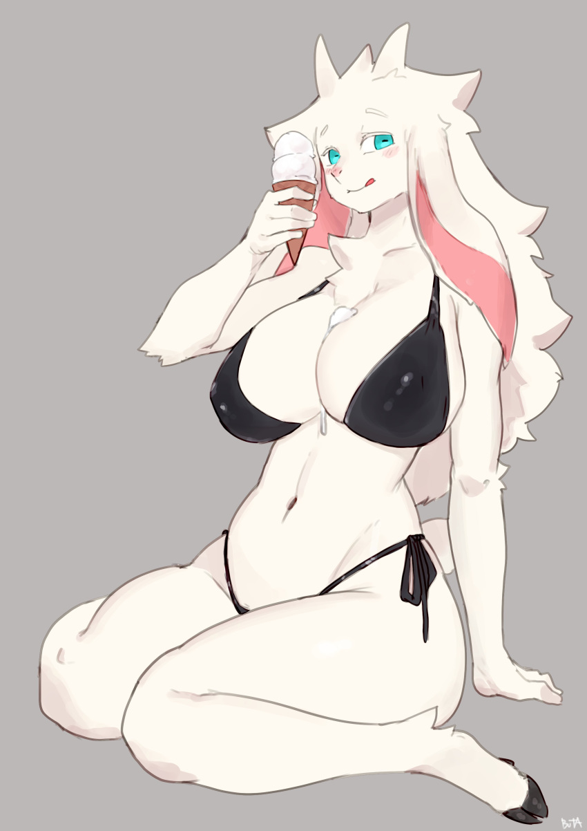 absurd_res anthro biped blue_eyes blush bovid bra breasts buta99 caprine clothing dessert female food goat hi_res ice_cream ice_cream_on_breasts kneeling licking licking_lips looking_at_viewer mammal navel nipple_outline solo swimwear tongue tongue_out underwear vanilla_(buta99)