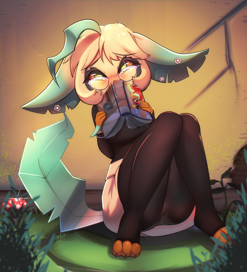 3_toes 4_fingers alipse anthro blonde_hair book bottomwear clothing ear_piercing ear_ring eeveelution eyewear feet female fingers generation_4_pokemon glasses green_eyes hair hi_res leafeon legwear long_ears nintendo piercing pokemon pokemon_(species) ring_piercing shy skirt solo stockings toes