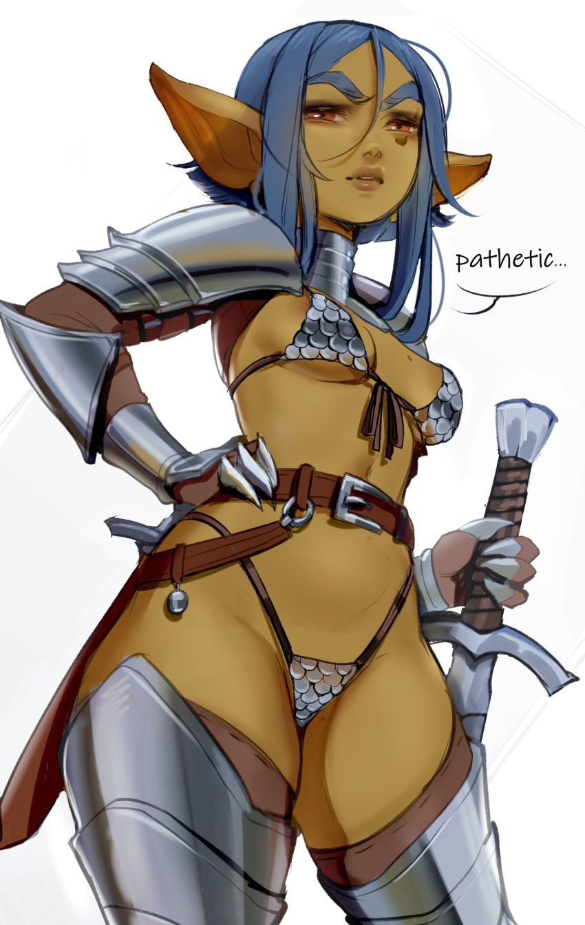 2022 4_fingers absurd_res armor belt bikini bikini_armor blue_hair breasts cleavage clothed clothing couter dialogue english_text eyebrows female fingers gauntlets gloves goblin greaves green_body green_skin hair hand_on_hip handwear hi_res holding_object holding_sword holding_weapon humanoid humanoid_pointy_ears looking_at_viewer maewix_(artist) melee_weapon navel not_furry orange_eyes pauldron plate_armor rissma_(maewix) short_hair simple_background small_breasts solo speech_bubble swimwear sword text unconvincing_armor under_boob weapon white_background