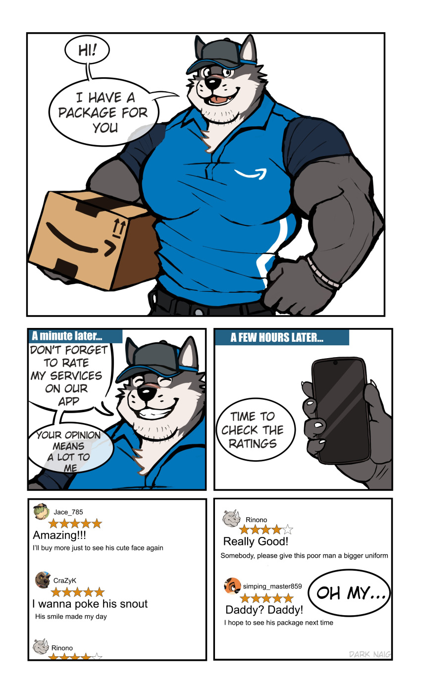 2023 absurd_res amazon_(company) anthro barazoku biceps big_muscles bottomwear box bracelet canid canine canis cellphone claws clothed clothing comic container daddy_kink darknaigart delivery_(commerce) delivery_employee dialogue dinosaur domestic_dog employee english_text facial_hair fox fur hat headgear headwear hi_res holding_object huge_muscles humor jace_(darknaig) jewelry looking_at_viewer male mammal multiple_scenes muscular muscular_anthro muscular_male number open_mouth open_smile pants pecs phone reptile review rhinoceros scalie scar screen shirt simple_background smartphone smile solo solo_focus standing star stubble talking_to_viewer teeth text theropod tight_clothing tongue topwear tuft tyrannosaurid tyrannosaurus tyrannosaurus_rex white_background wolf