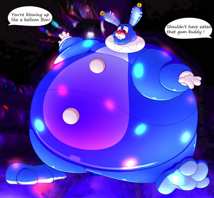absurd_res animate_inanimate anthro balloon_animal balloon_fetish barefoot bell bell_ears blue_body blue_ears bonnie_(fnaf) buckteeth circus_bonnie_(fnaf) clothed clothed/nude clothing clown clown_makeup clown_nose crossover detailed dialogue english_text exclamation_point eyebrows featureless_crotch feet five_nights_at_freddy's glistening glistening_arms glistening_body glistening_eyes glistening_feet glistening_legs glistening_nose gloves handwear happy hi_res inflatable inflation inside lagomorph leporid light lights long_ears looking_away male mammal multicolored_body multicolored_ears nude overweight overweight_anthro overweight_male pink_eyes rabbit raised_arm raised_eyebrow raised_eyebrows red_nose rhudarabbit rubber scottgames shadow signature small_hands smile solo speech_bubble standing teeth text thick_thighs toony two_tone_body two_tone_ears white_ears wide_eyed wide_hips willy_wonka_and_the_chocolate_factory