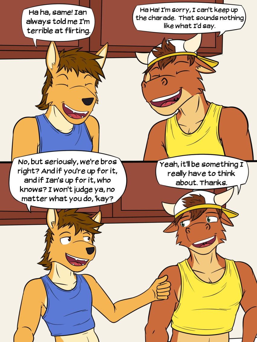 3:4 anthro backwards_baseball_cap backwards_hat baseball_cap bovid bovine canid canine canis cattle clothing comic coyote crop_top dialogue duo english_text fuze hat headgear headwear hi_res laugh male mammal mond_reyes shirt tank_top texnatsu text topwear ty_conrad