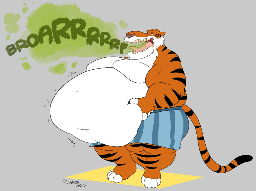anthro belly big_belly boxers_(clothing) burp_cloud burping clothing felid fur hi_res male mammal moobs open_mouth orange_body orange_fur overweight overweight_male pantherine smappa solo tiger tongue tongue_out underwear