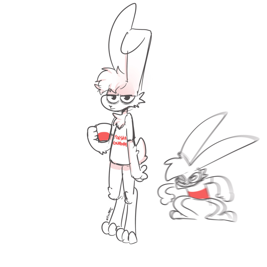 1:1 absurd_res anthro bottomless bottomless_anthro bottomless_male cheek_tuft chest_tuft clothed clothing coffee_mug duo facial_tuft fur grumpy grumpy_face hair half-closed_eyes hi_res humor lagomorph leporid male mammal messy_hair narrowed_eyes polish_flag rabbit shirt simple_background t-shirt the_xing1 topwear tuft white_background white_body white_fur