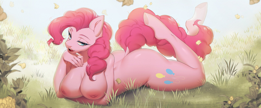 absurd_res anthro anthrofied areola big_breasts blue_eyes breasts butt butt_from_the_front earth_pony equid equine female friendship_is_magic fur grass hair hasbro hi_res hooves horse lying mammal mashiro_sssinohu my_little_pony nipples nude on_front pink_areola pink_body pink_fur pink_hair pink_nipples pinkie_pie_(mlp) plant pony solo tree