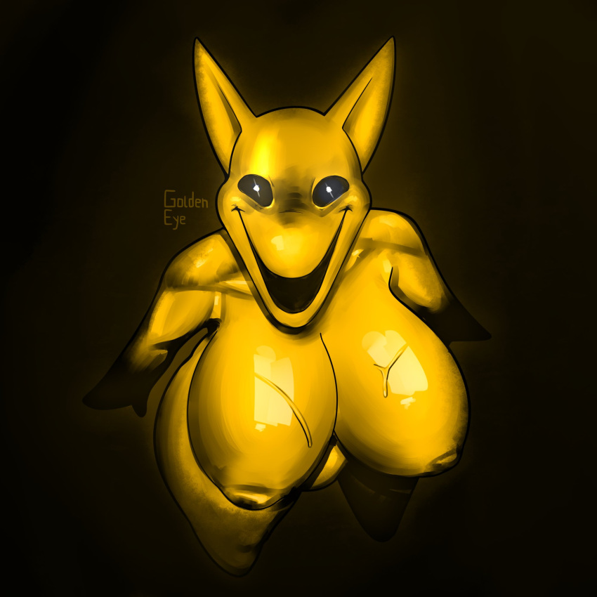 1:1 anthro big_breasts big_butt black_background breasts butt creepy darkness digital_media_(artwork) female friday_night_funkin' generation_1_pokemon glowing glowing_eyes golde hi_res high-angle_view hypno_(pokemon) nintendo pokemon pokemon_(species) scar shinto_(fnf) simple_background smile solo standing yellow_body