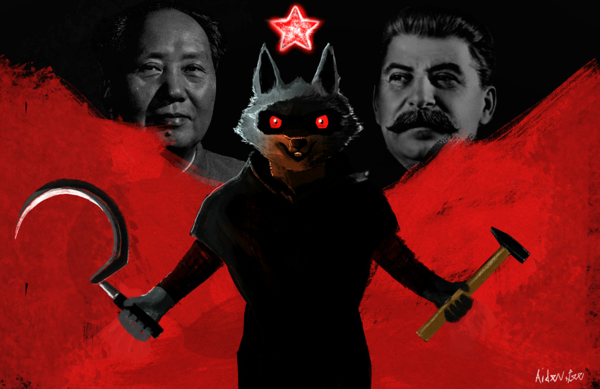 2023 5_fingers anthro arm_wraps armor black_background black_body black_cloak black_clothing black_ears black_fur black_nose black_pupils bracers canid canine canis cheek_tuft claws clenched_teeth cloak clothing communism death_(puss_in_boots) dreamworks dual_wielding ejaculation etching facial_tuft fingers fur fur_hands grey_body grey_fur group hammer hammer_and_sickle hands-free hi_res holding_object holding_weapon hood hooded_cloak human humanoid joseph_stalin jwoxxl looking_at_viewer male mammal mao_zedong melee_weapon multicolored_body multicolored_fur open_mouth orange_light pattern_background politics pupils puss_in_boots_(film) puss_in_boots_the_last_wish red_background red_eyes red_sclera shaded sickle simple_background solo sparkles sparks star teeth tools torso trio tuft two_tone_body two_tone_fur weapon wolf wraps