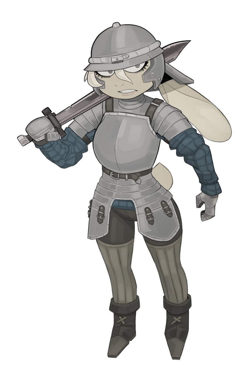 2023 anthro armor belt biped blonde_hair boots bottomwear chausses clothed clothing cuirass faulds female footwear fur furgonomic_headwear furgonomics gambeson gauntlets gloves grey_eyes hair handwear headgear helmet hi_res holding_object holding_sword holding_weapon lagomorph landylyn_(yitexity) leporid mammal medieval_armor melee_weapon pants plackart plate_armor rabbit scut_tail short_tail simple_background solo spaulder standing sword tail tassets weapon white_background white_body white_fur yitexity