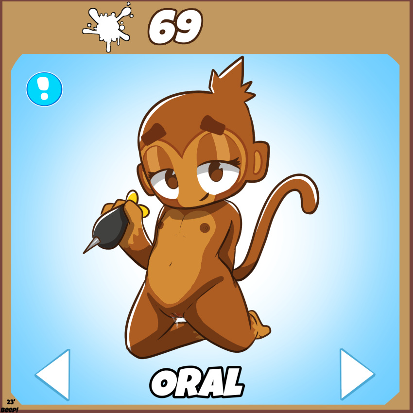 1:1 anthro areola beep! bloons_tower_defense bodily_fluids breasts brown_body brown_breasts brown_ears brown_fur brown_hair brown_tail dart dart_monkey detailed_background digital_media_(artwork) female flat_chested fur genital_fluids genitals hair haplorhine hi_res mammal monkey ninja_kiwi nipples nude primate pussy smile solo tail text