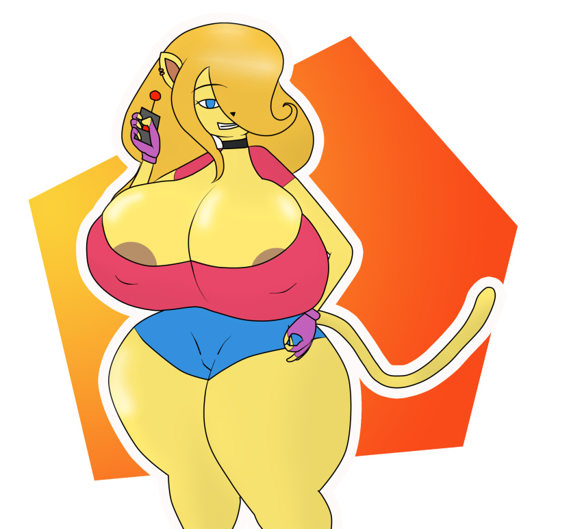 anthro big_breasts big_butt breasts brown_nipples butt controller erect_nipples fan_character felid feline female fur hair hi_res huge_breasts mammal mrschllyay nipples orange_hair remote_control sally_furbomb simple_background smile solo wide_hips yellow_body yellow_fur