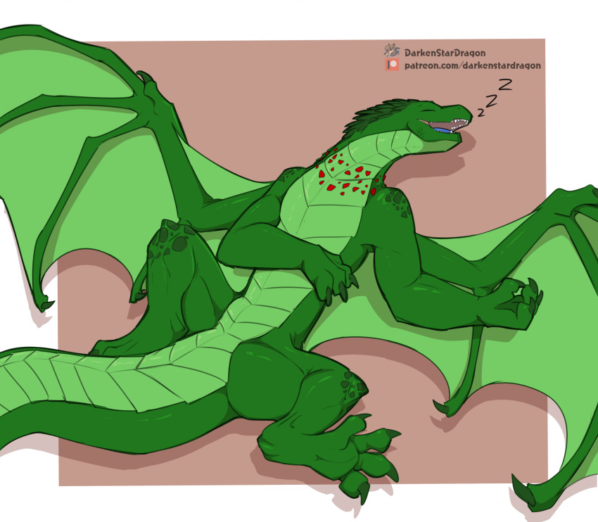 belly_scales claws darkenstardragon dragon emrald eyes_closed featureless_crotch feet feral green_body green_scales hi_res lying male membrane_(anatomy) membranous_wings on_back open_mouth scales scalie sleeping solo sound_effects vowelless vowelless_sound_effect western_dragon wings zzz