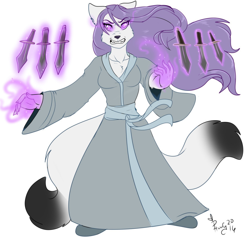 1:1 2016 2_tails 5_fingers anthro black_nose breasts canid canine claws clenched_teeth clothed clothing digital_media_(artwork) female finger_claws fingers fox fur glowing glowing_eyes hair hi_res humanoid_hands isiria_inhara knife mammal multi_tail phuufy psychic_powers purple_eyes purple_hair robe signature solo standing tail teeth telekinesis the_servant_omen white_body white_fur