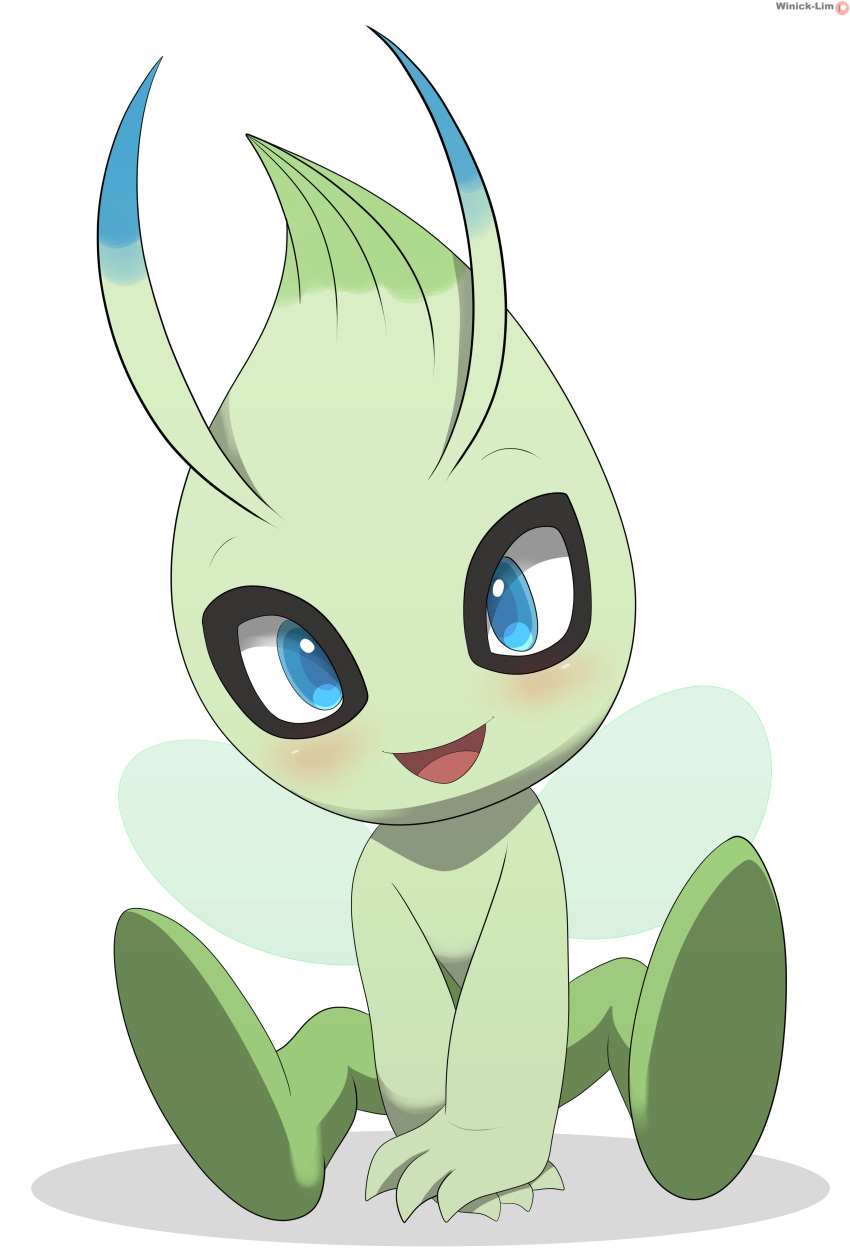 2022 absurd_res ambiguous_gender antennae_(anatomy) blue_eyes blush celebi feral generation_2_pokemon green_body hi_res legendary_pokemon nintendo pokemon pokemon_(species) simple_background solo white_background wings winick-lim