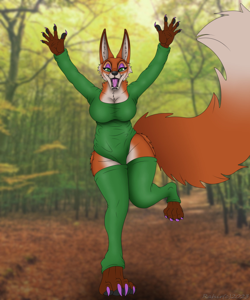 5:6 bushy canid canine digital_media_(artwork) female forest fox happy hi_res mammal plant rahir_(artist) tail tree wide_hips