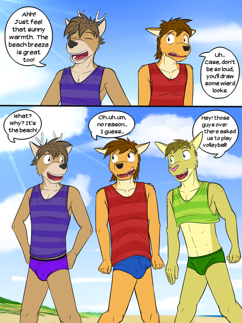 2017 adam_caro anthro beach bulge canid canine canis casey_ramser clothing comic coyote crop_top deer dialogue embarrassed english_text felid feline fuze group hands_on_hips hi_res lynx male mammal midriff mond_reyes seaside shirt speedo swimwear tank_top texnatsu text topwear trio