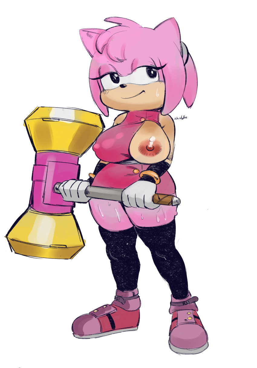 amy_rose anthro areola big_breasts black_clothing black_eyes black_legwear black_thigh_highs bodily_fluids breasts clothed clothing countershade_torso countershading eulipotyphlan female footwear hammer hedgehog hi_res huge_breasts legwear looking_at_viewer mammal nipple_outline nipples one_breast_out piko_piko_hammer scharlotte sega short_stack simple_background smile solo sonic_the_hedgehog_(series) sweat thick_thighs thigh_highs tools white_background wide_hips