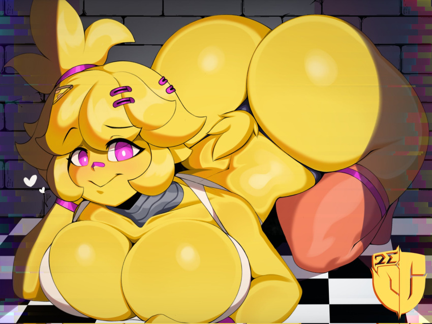 &lt;3 2023 4:3 accessory animal_humanoid animatronic apron avian avian_humanoid bent_over big_breasts big_butt blonde_hair blush breasts butt chica_(cally3d) chica_(fnaf) clothing curvy_figure digital_media_(artwork) female five_nights_at_freddy's five_nights_at_freddy's_2 fredina's_nightclub hair hair_accessory hairclip hi_res huge_breasts humanoid igxxiii kneeling looking_at_viewer machine pink_eyes ponytail robot scottgames smile solo tail thong underwear yellow_body