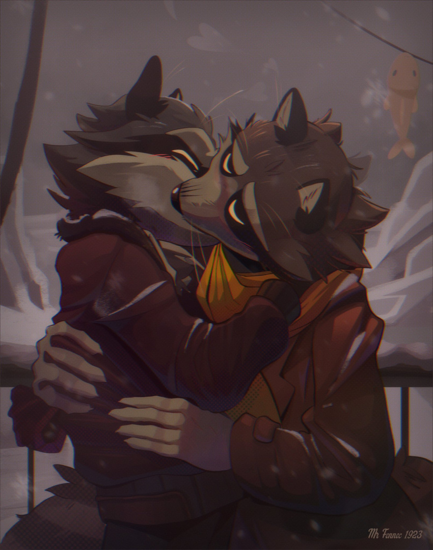 2023 anthro backbone_(game) biped blush clothed clothing detailed_background duo embrace eyes_closed hi_res howard_lotor hug kissing larry_(backbone) male male/male mammal outside procyonid raccoon scarf srfennec sweater topwear