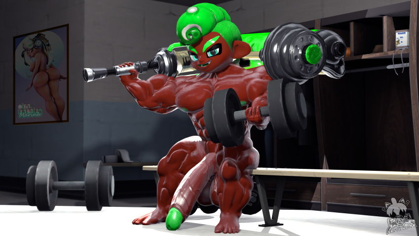 16:9 3d_(artwork) 4k absurd_res balls big_balls big_muscles big_penis cephalopod dark_tan_skin digital_media_(artwork) fan_character genitals green_hair hair hi_res huge_balls huge_muscles huge_penis humanoid humanoid_genitalia humanoid_penis hyper hyper_balls hyper_genitalia hyper_muscles hyper_penis keryo_wolfe male marine mollusk muscular nintendo nudist octarian octoling penis solo source_filmmaker splatoon widescreen