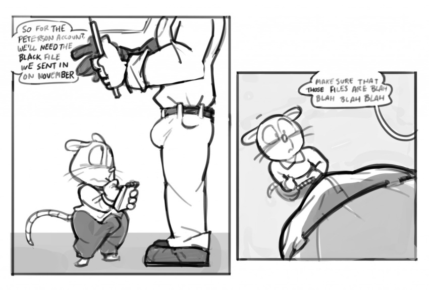 anthro blah_blah_blah blush bottomwear bulge clothing comic comic_panel dialogue distracted duo english_text human humor male mammal monochrome mouse murid murine nondelismell office pants rodent short_stack size_difference smaller_male staring_at_penis text