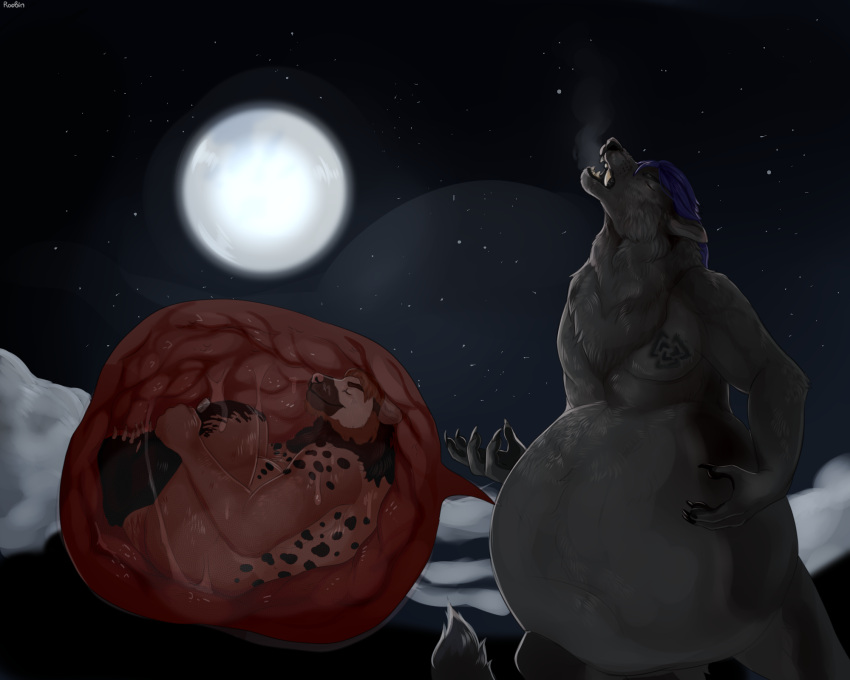 5:4 anthro belly big_belly black_nose blue_hair bodily_fluids breath canid canine cheek_tuft chest_tuft claws cloud cutaway detailed_background duo eyes_closed facial_tuft fangs fur grey_body grey_fur hair hi_res huge_belly male male/male male_pred male_prey mammal moon mouth_closed night nude prey_fully_inside purple_hair roobin side_view signature sky spots spotted_arms spotted_back spotted_body spotted_fur standing star teeth tuft vore were werecanid werecanine werewolf white_claws willing_prey