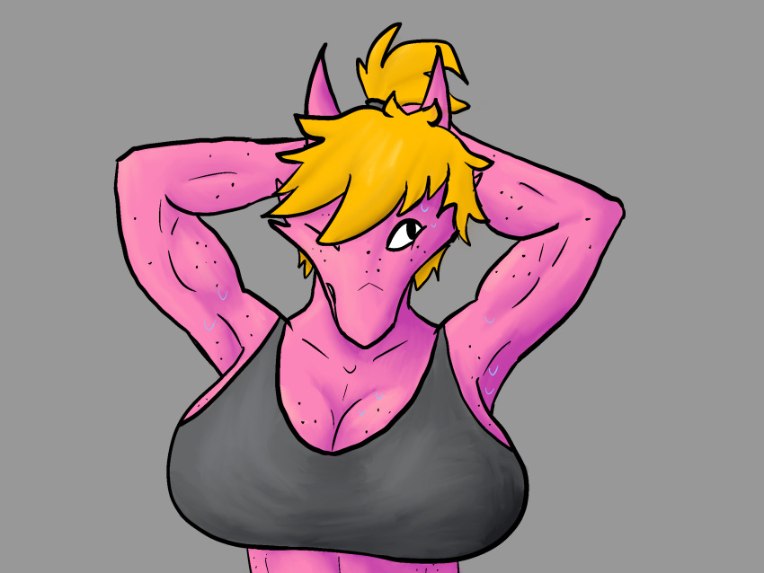 4:3 adjusting_hair anthro big_breasts bodily_fluids bra breasts clothing dragon female freckles hair hands_behind_head hi_res horn humanoid jezzy_(skarru) muscular one_eye_closed ponytail reptile scalie skarru solo sports_bra stretching sweat underwear