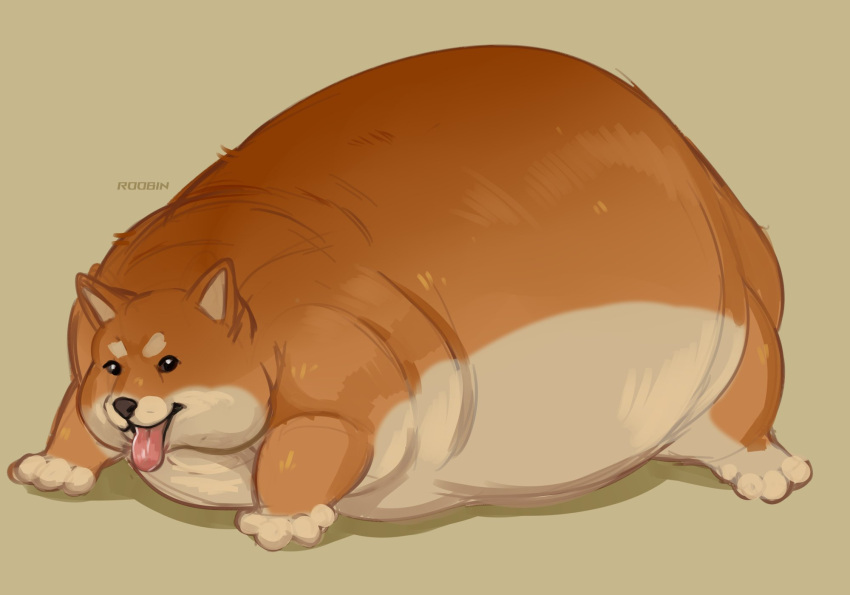 ambiguous_gender artist_name belly big_belly canid canine canis domestic_dog feral full-length_portrait fur glistening glistening_eyes hi_res huge_belly lying mammal obese obese_ambiguous obese_feral on_front open_mouth orange_body orange_fur overweight overweight_ambiguous overweight_feral portrait red_tongue roobin shiba_inu simple_background solo spitz tan_body tan_fur tongue tongue_out