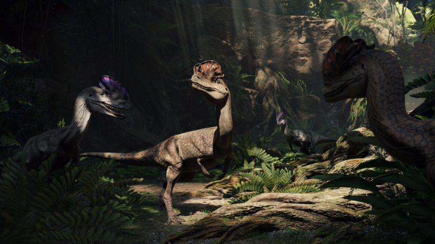 16:9 2023 3d_(artwork) 4k absurd_res ambiguous_gender claws day detailed_background digital_media_(artwork) dilophosaurid dilophosaurus dinosaur feral fern forest group hi_res ivorylagiacrus jungle looking_at_another looking_away open_mouth outside plant reptile rock scales scalie sharp_teeth standing teeth theropod toe_claws tree trunk water widescreen