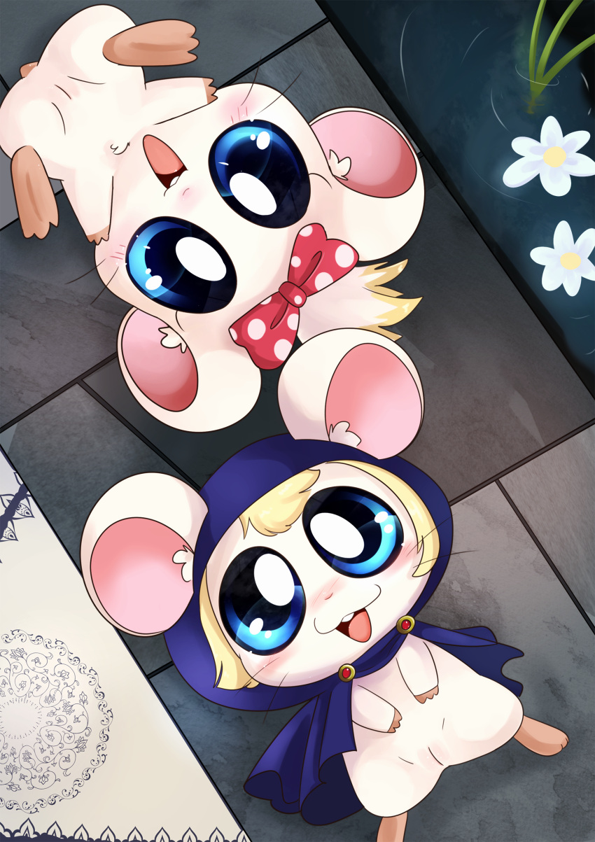 absurd_res blonde_hair blue_eyes blue_hood blush cape clothed clothing clyndemoon cricetid duo female feral flower fur genitals hair hamster hamtaro_(series) hi_res lapis_(hamtaro) lazuli_(hamtaro) legs_up lying mammal on_back partially_clothed plant polka_dot_bow pussy rodent white_body white_fur