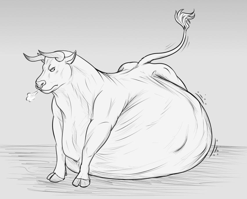 angry belly big_belly bovid bovine facial_piercing feral fur hi_res hooves horn male mammal monochrome nose_piercing nose_ring piercing ring_piercing solo tail thatgryphonguy vore