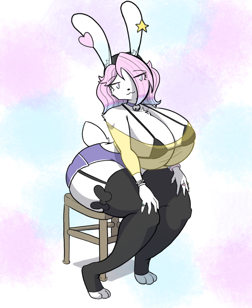 anthro beheleaf big_breasts breasts clothed clothing collar digital_media_(artwork) fur hair hat headgear headwear hi_res huge_breasts lagomorph leporid male_(lore) mammal pb_(theycallhimcake) pink_hair rabbit simple_background skimpy solo topwear white_body