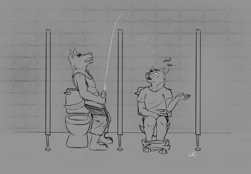 anthro bathroom bodily_fluids canid canine conkycorp genital_fluids genitals hi_res male mammal monochrome peeing penis public_restroom restroom_stall toilet urine watersports