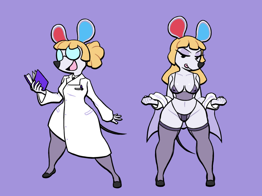 absurd_res animal_crossing animal_humanoid anthro blonde_hair clothed clothing coat eyewear female fully_clothed glasses hair hair_down hi_res humanoid lab_coat lingerie lovetopullmicke mammal mammal_humanoid mouse mouse_humanoid murid murid_humanoid murine murine_humanoid nintendo partially_clothed petri_(animal_crossing) ponytail rodent rodent_humanoid solo topwear wide_hips