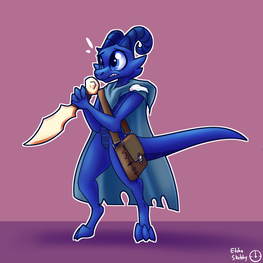 1:1 anthro bag blue_body blue_eyes blue_scales bone cape cloak clothing curved_horn dagger digitigrade female female_focus frill_(anatomy) hi_res horn kobold melee_weapon nervous nicole_drac'lily scales scalie sketchy-replies solo tail viv weapon
