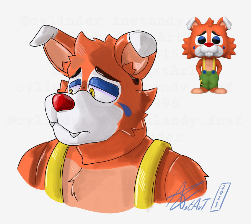 2023 absurd_res animatronic anthro barefoot black_eyes blue_eyelids bottomwear canid canine circus_foxy_(fnaf) clothed clothing clown clown_makeup clown_nose detailed digital_media_(artwork) facial_markings fangs feet five_nights_at_freddy's fox foxy_(fnaf) frown frowning_at_viewer funko_pop! fur glistening glistening_body glistening_eyelids glistening_eyes glistening_fur glistening_neck glistening_nose glistening_shoulder glistening_shoulders half-closed_eyes hand_in_pocket head_markings hi_res looking_aside looking_at_viewer looking_away looking_down machine male mammal markings multicolored_body multicolored_ears multicolored_fur narrowed_eyes orange_body orange_ears orange_fur overall_pants overalls pants pockets portrait red_nose robot sad sad_eyes scottgames shadow sharp_teeth shirtless signature simple_background solo standing startcylinder straps tear_(marking) teeth toony topless topless_anthro topless_male toy two_tone_body two_tone_fur white_background white_ears yellow_eyes
