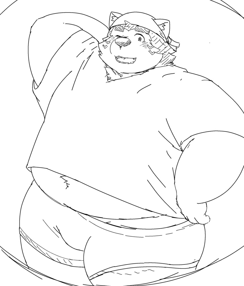 anthro bandanna belly belly_tuft blush bulge canid canine canis clothing domestic_dog eyebrows hi_res kerchief lifewonders live_a_hero male mammal metaporin mokdai monochrome one_eye_closed overweight sketch solo thick_eyebrows tuft underwear wink