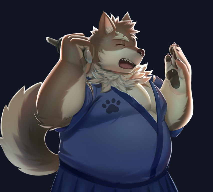 aipangpangdeyua anthro asian_clothing belly canid canine canis clothing domestic_dog east_asian_clothing eyebrows fur grey_body grey_fur hi_res japanese_clothing kimono lifewonders male mammal moritaka musclegut pawpads pecs scar smile solo thick_eyebrows tokyo_afterschool_summoners